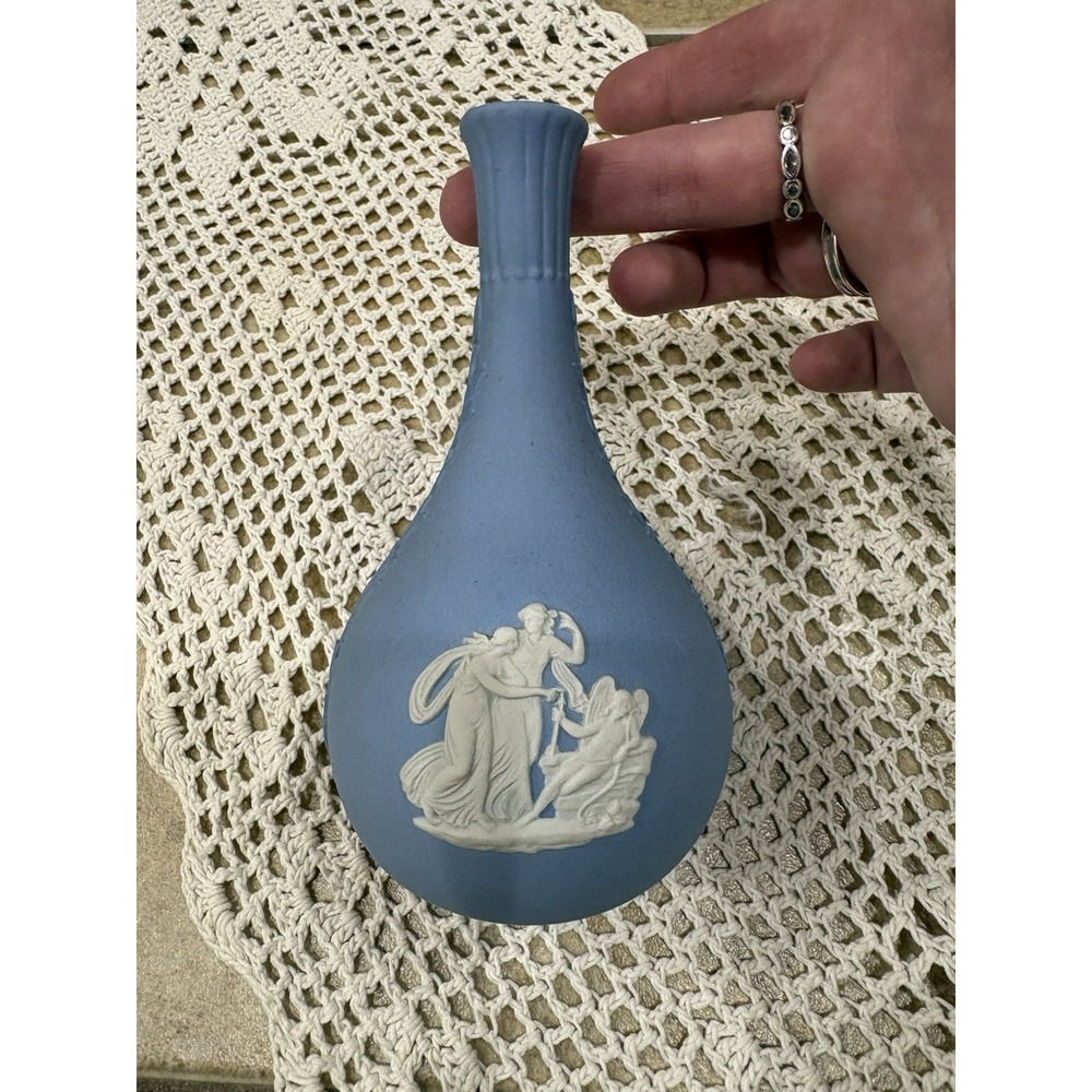 Wedgwood England White on Grey Jasperware‎ Bud Vase 5.5" Tall Pegasus